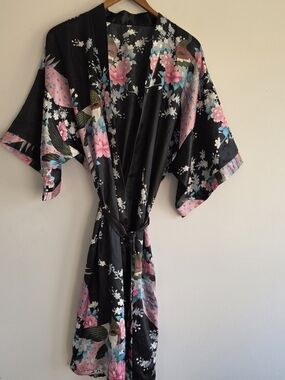 Sakura Print Peacock Black Pink Floral Satin Kimono Robe Beautiful Silky Long